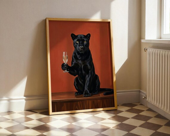 Black Panther Holding Champagne Glass Bar Cart Maximalist Art Poster
