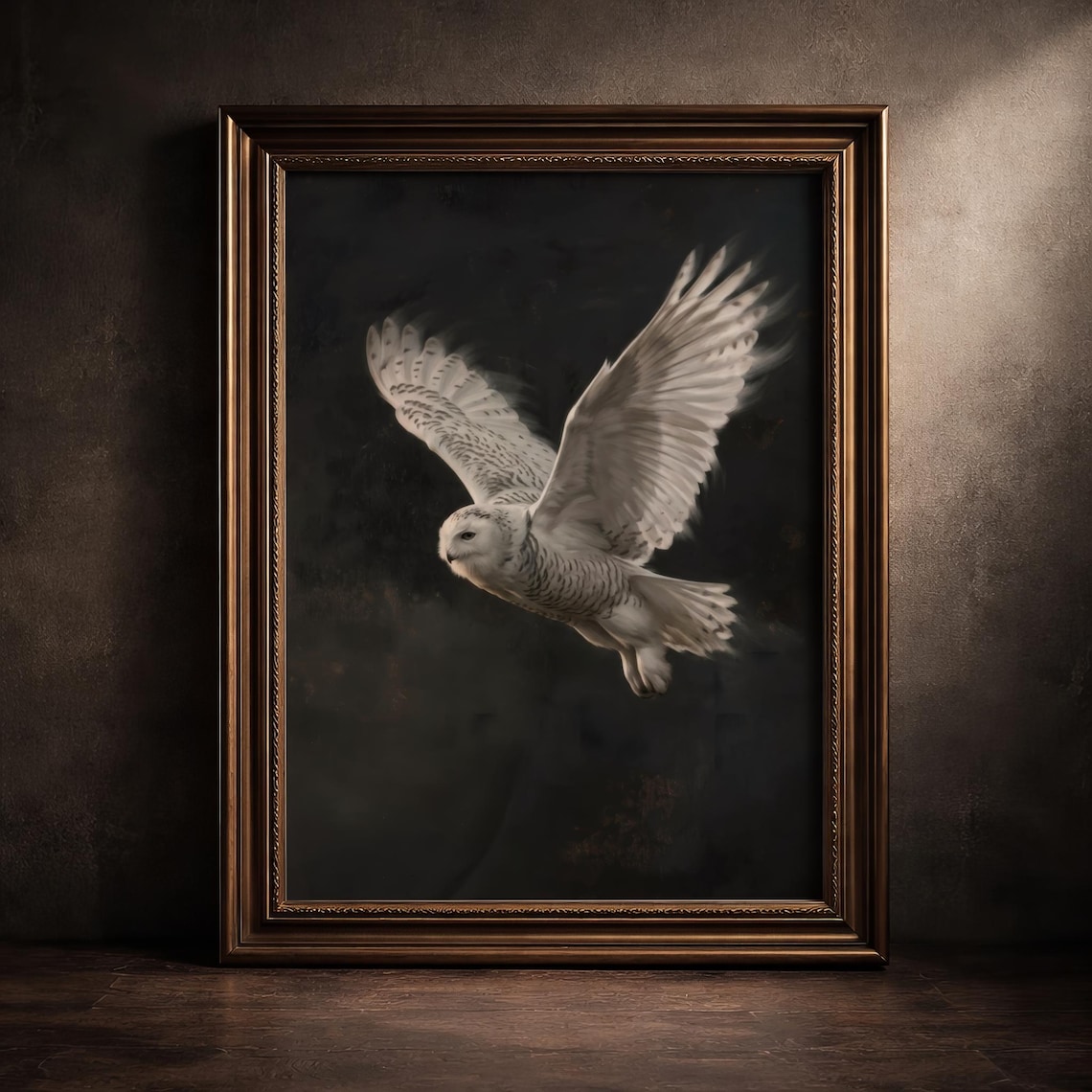 White Owl In Flight Art Print, Dark Academia Gothic Wildlife