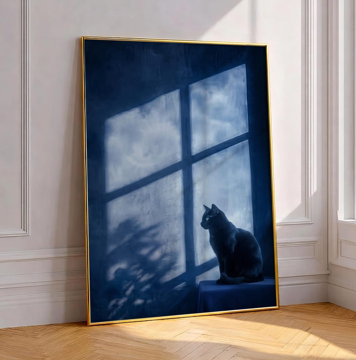 Moody Black Cat by Moonlit Window Night Silhouette Cat Poster