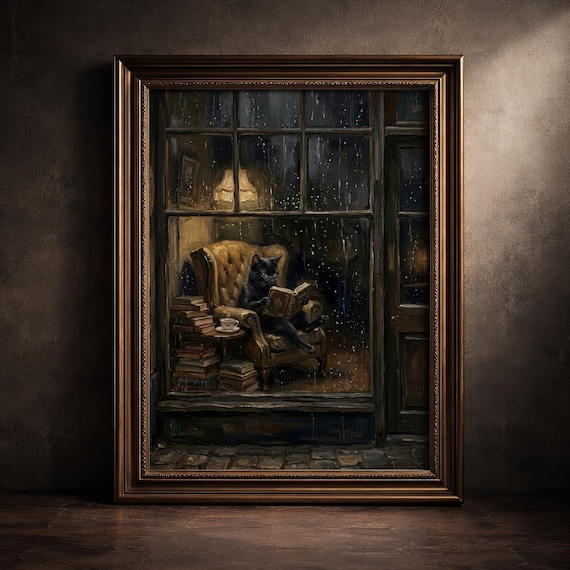 Black Cat Reading Window Print Cozy Rainy Day Wall Art Dark Academia Library Decor Moody Book Nook Printable Poster Digital Download