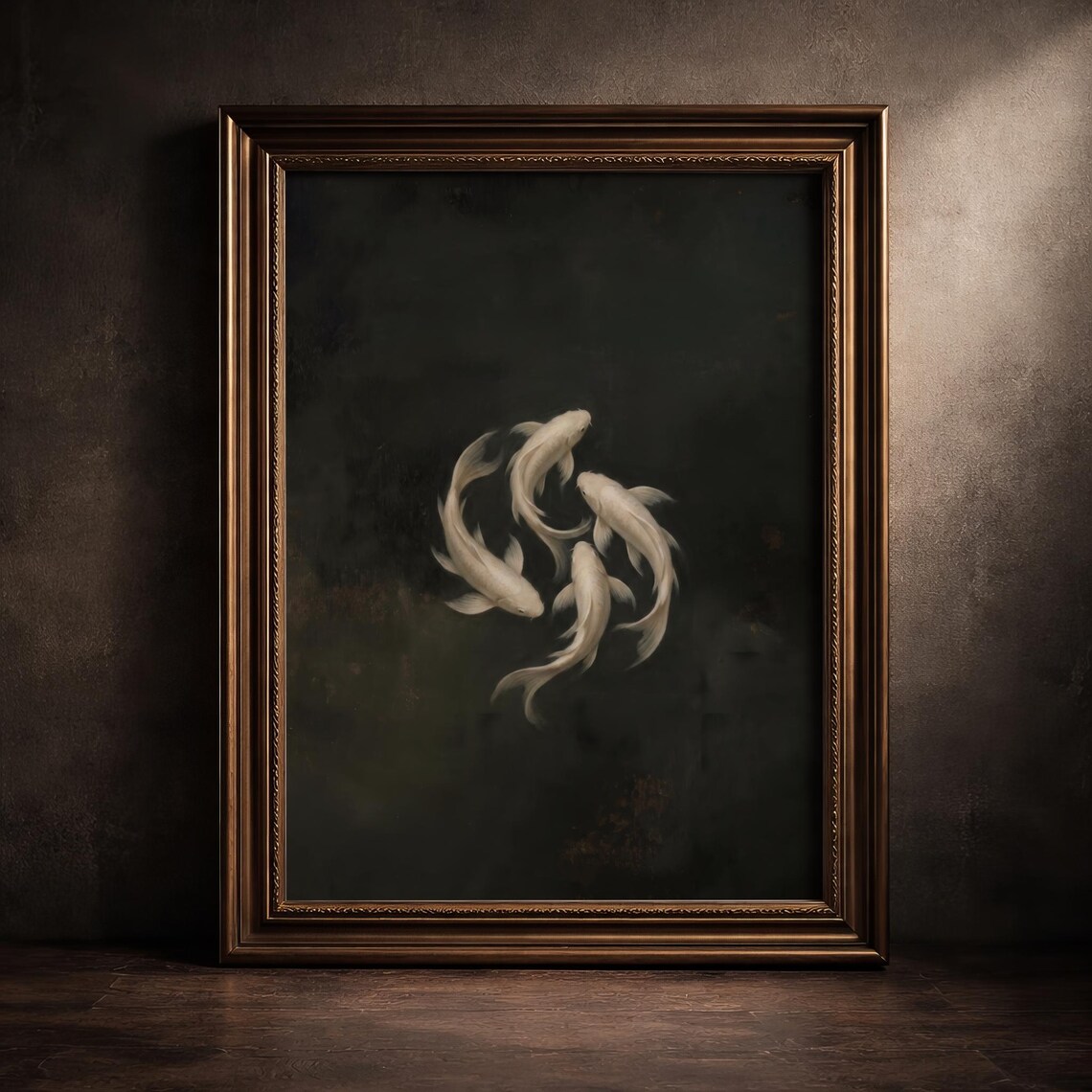 White Koi Fish Circling Dark Water Ethereal Japanese Zen Minimal Poster