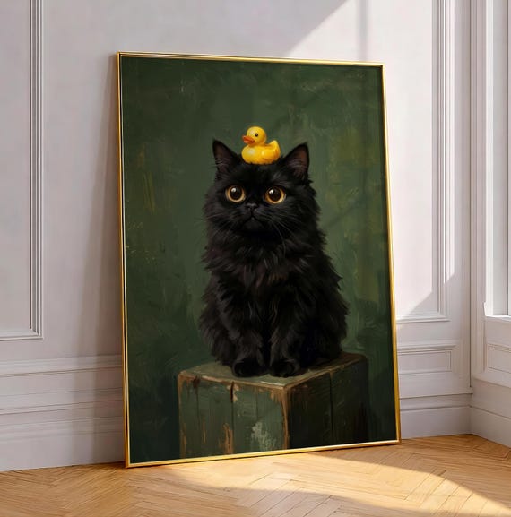 Funny Black Cat Bathroom Art Print, Moody Green Bath