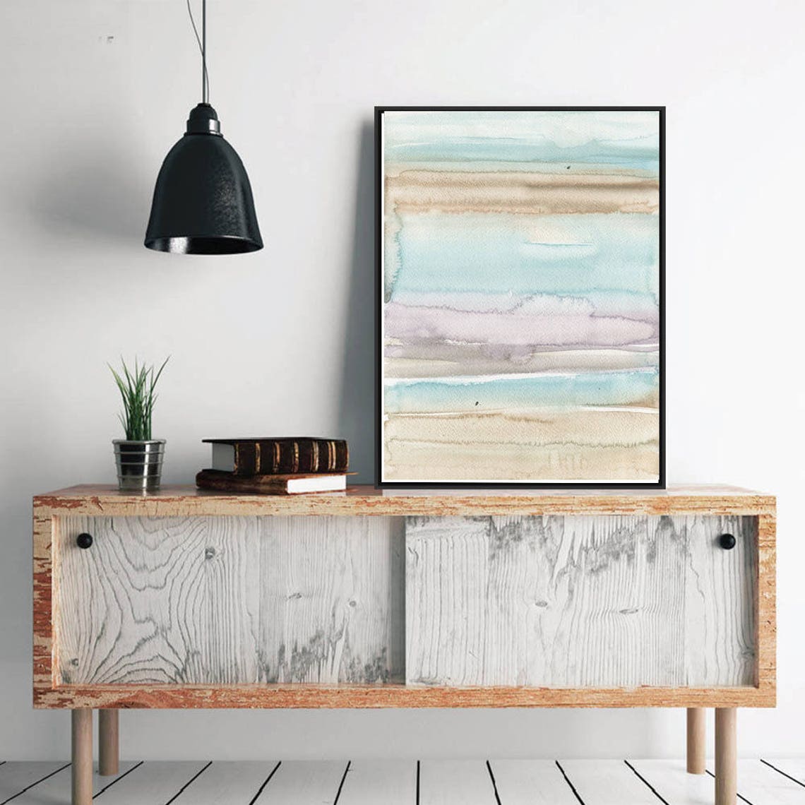 Serene Coastal Blue Beige Abstract Watercolor Stripe Art Poster - Image 3