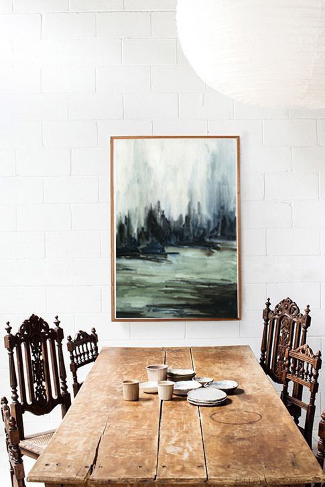 Misty Dark Forest Lake Watercolor Moody Evergreen Pines Print - Image 2