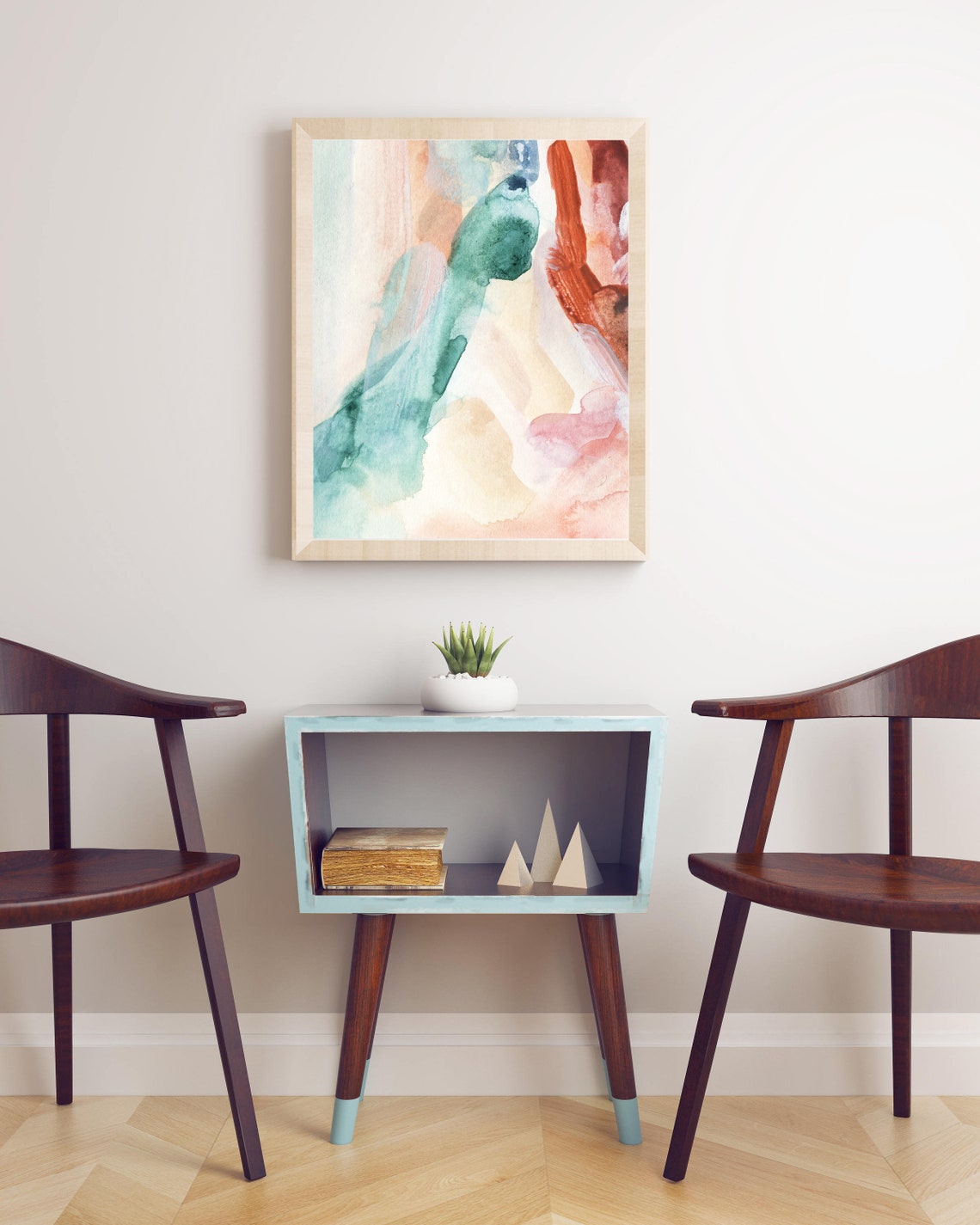 Colorful Abstract Watercolor Teal Peach Terracotta Wall Art Decor - Image 3