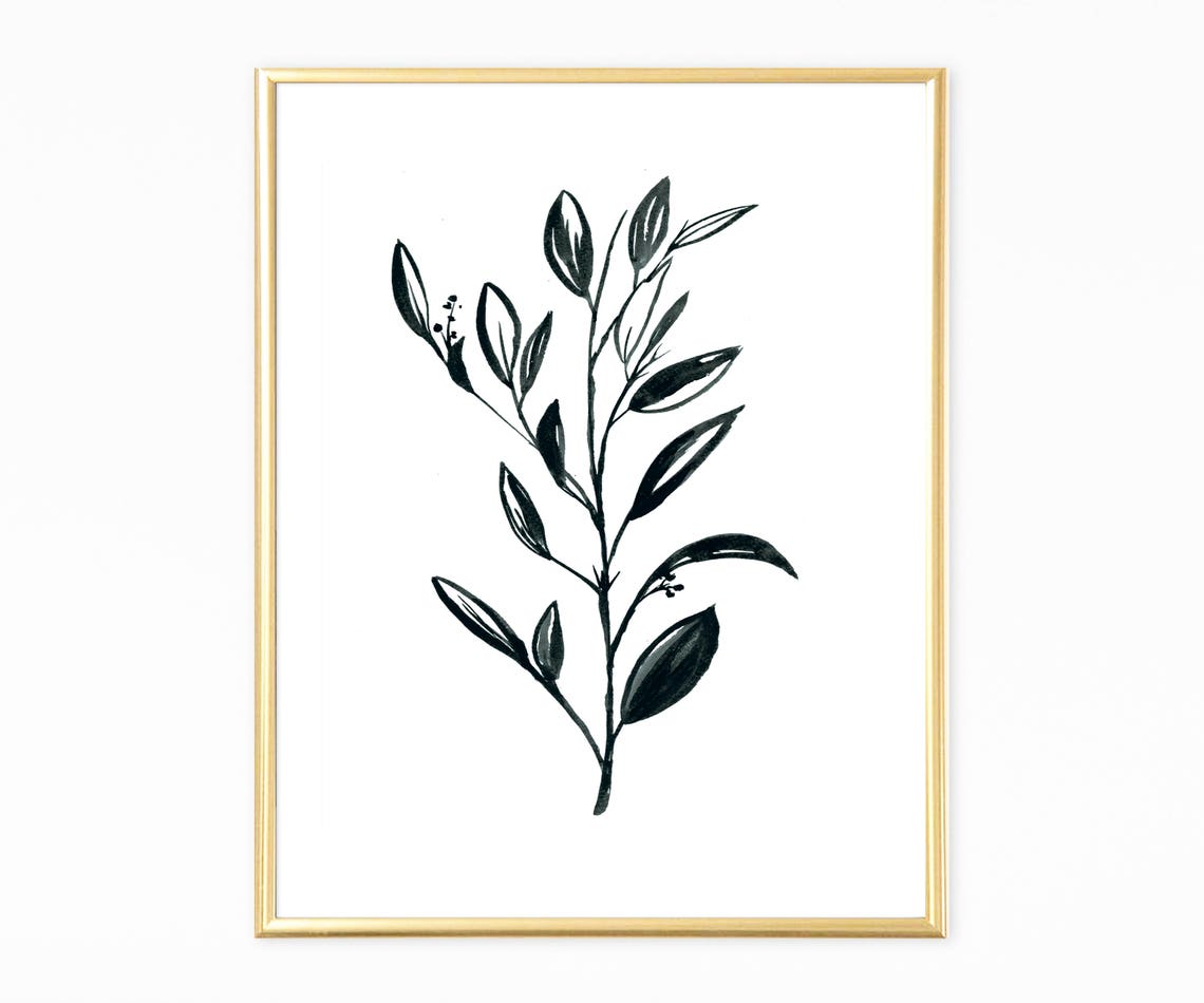 Black Minimalist Botanical Branch Ink Leaves Single Stem Art Poster