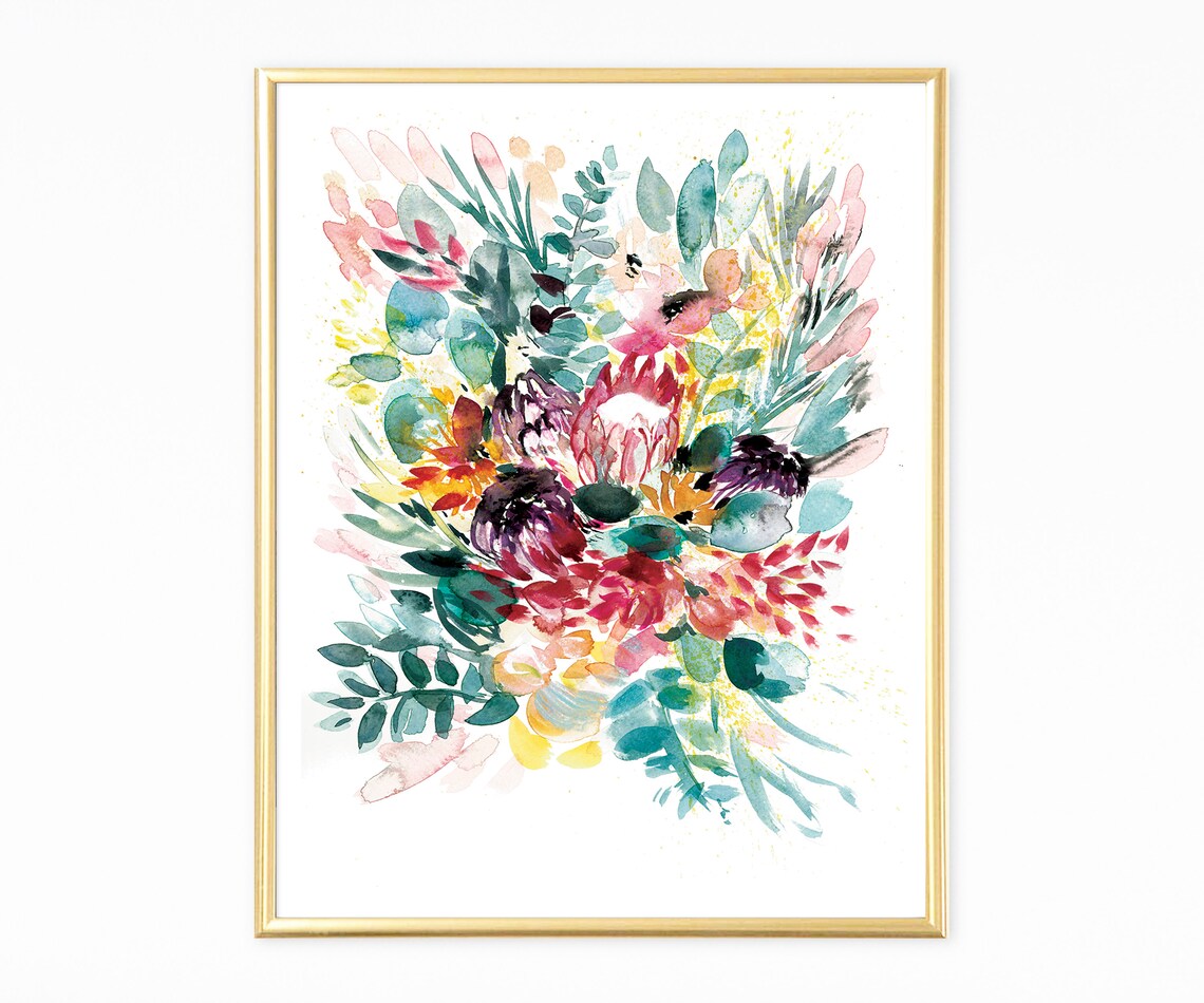Protea Bouquet Watercolor Art Eucalyptus Blush Coral Blooms Wall Art