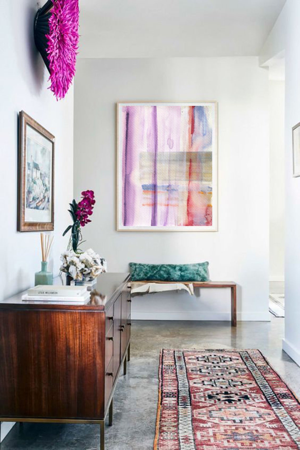 Pastel Abstract Watercolor Art Pink Purple Vertical Stripes Wall Art - Image 3