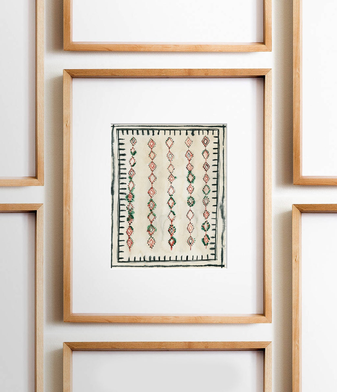 Moroccan Rug Style Poster Green Black Tribal Diamond Pattern Beige Art - Image 2