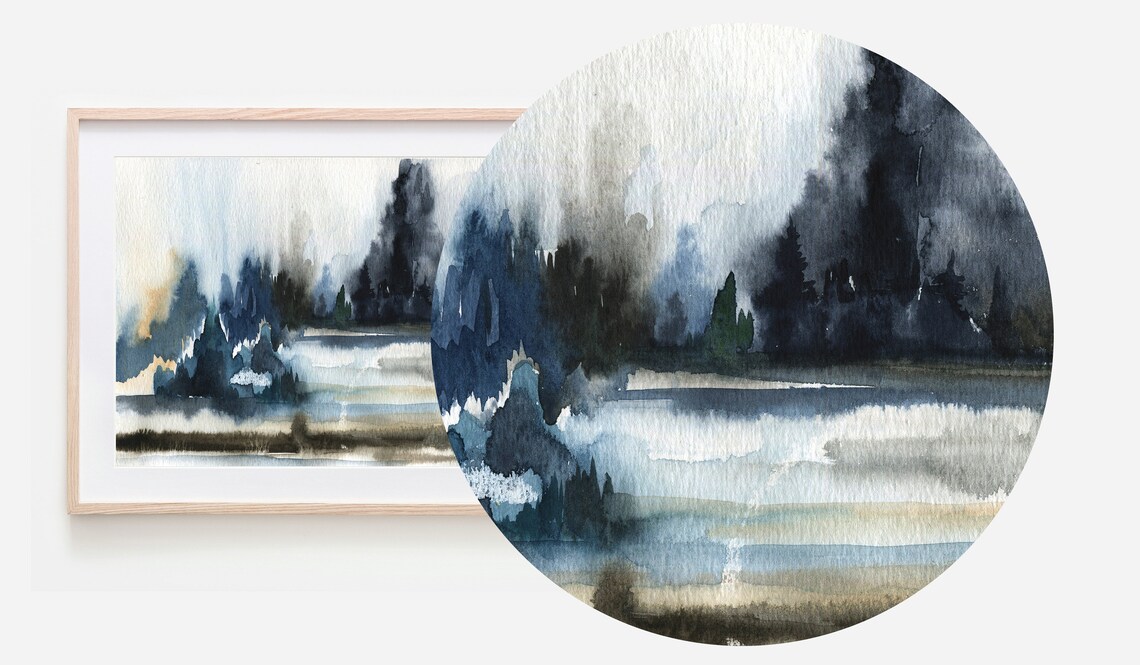 Misty Watercolor Forest Navy Ochre Abstract Woodland Trees Wall Art - Image 2