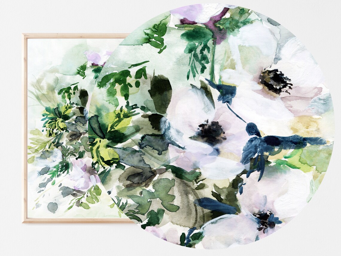 White Floral Watercolor Bouquet Green Leaves Soft Botanical Wall Art - Image 3