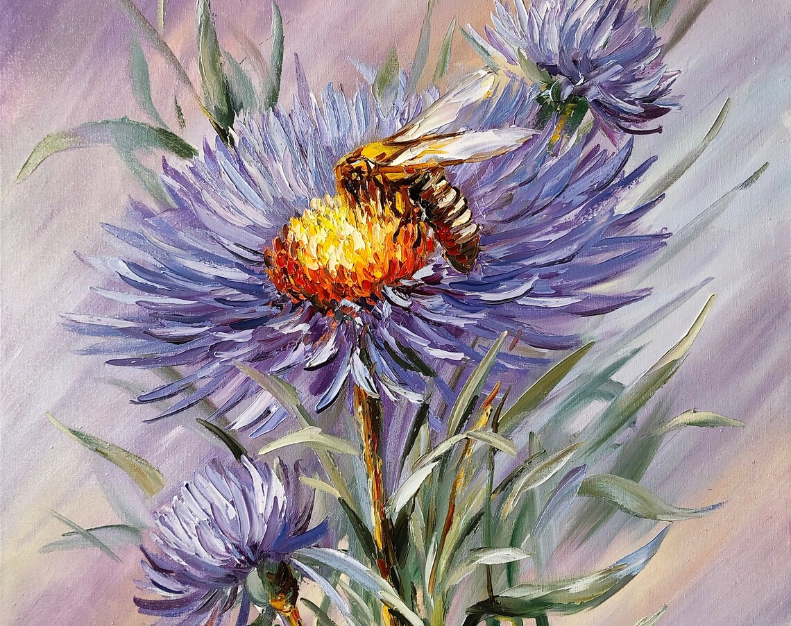 Honeybee On Purple Aster Flowers Lavender Background Nature Art Poster - Image 3