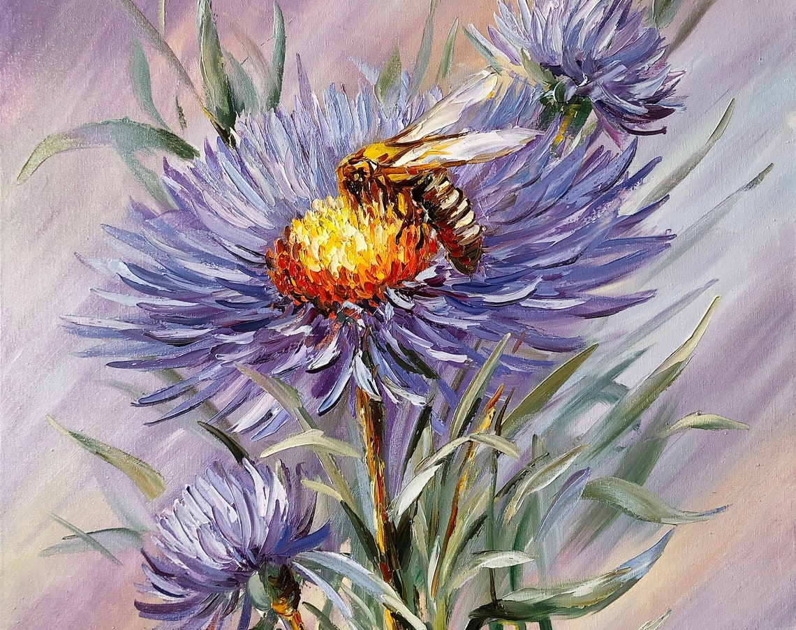 Purple Flower Oil Painting Original Abstract Floral Wall Art Large Flower Painting On Honey Bee Painting Summer Flower Artwork - Image 3