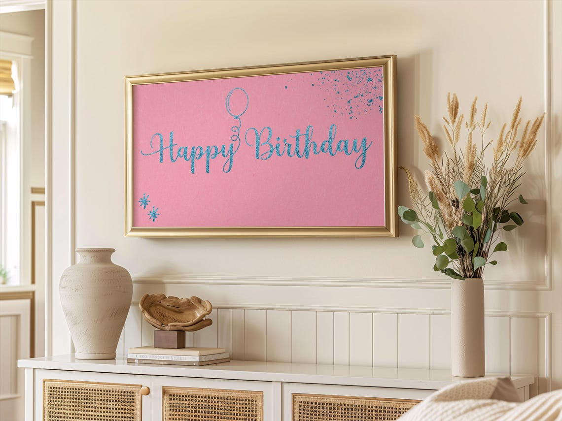 Frame Tv Art Happy Birthday Pink Blue Birthday Tv Decor Girly Birthday Party Tv Picture Art Tv Birthday Girl Bday Tv Art - Image 3
