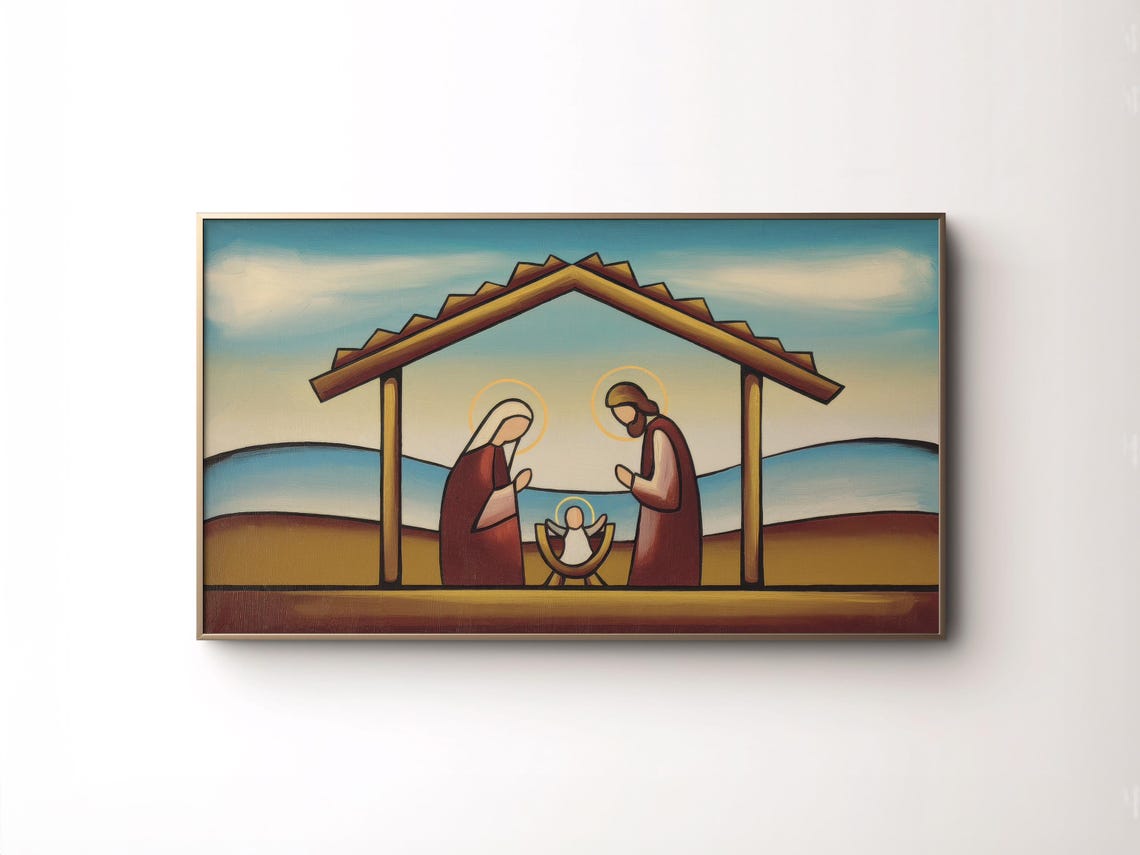 Abstract Minimalist Nativity Holy Family Manger Geometric Art Poster