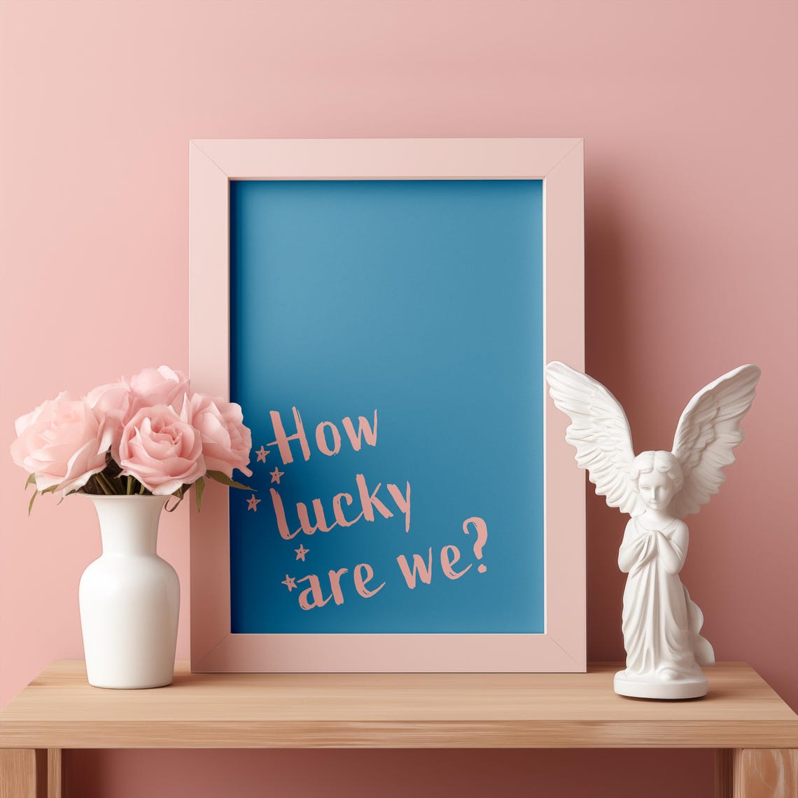 How Lucky Are We Pink Quote Print Retro Blue Background Wall Poster - Image 3