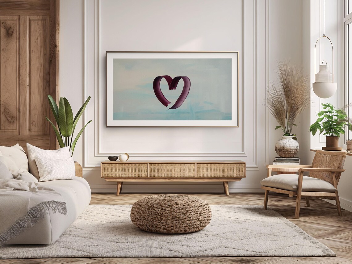 Minimalist Burgundy Brushstroke Heart Neutral Blue Valentine Art Print - Image 2