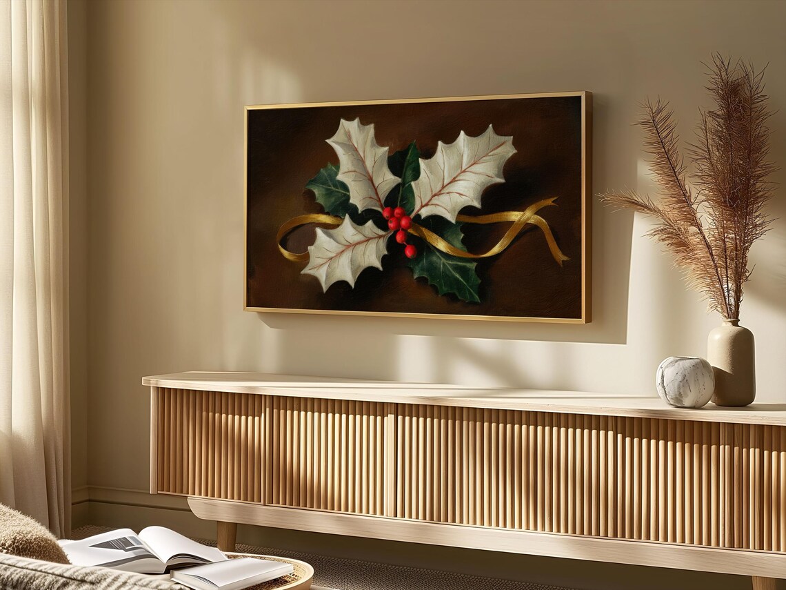 White Holly Leaves Red Berries Gold Ribbon Vintage Christmas Poster - Image 3