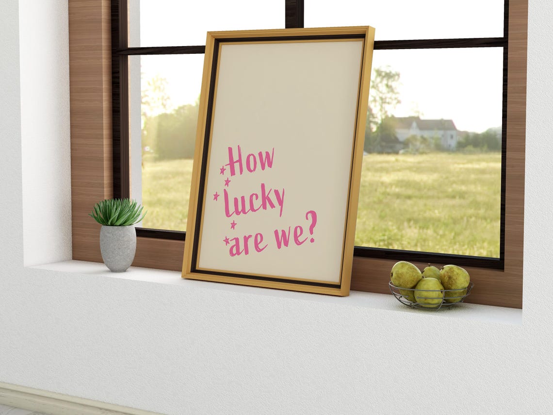 How Lucky Are We Pink Script Quote Wall Art Cream Background Poster - Image 2