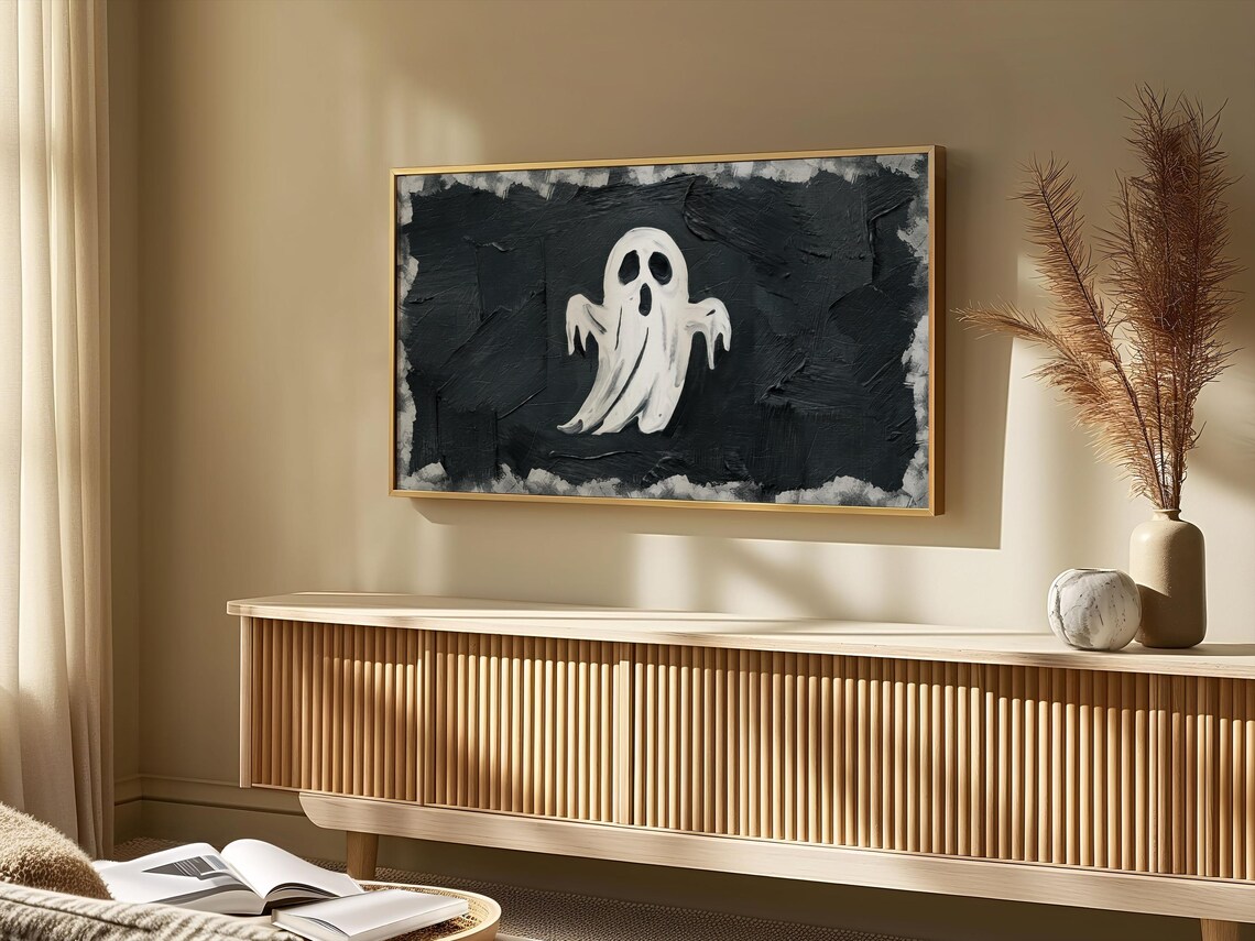Cute White Ghost Textured Black Background Minimalist Halloween Art Poster - Image 3
