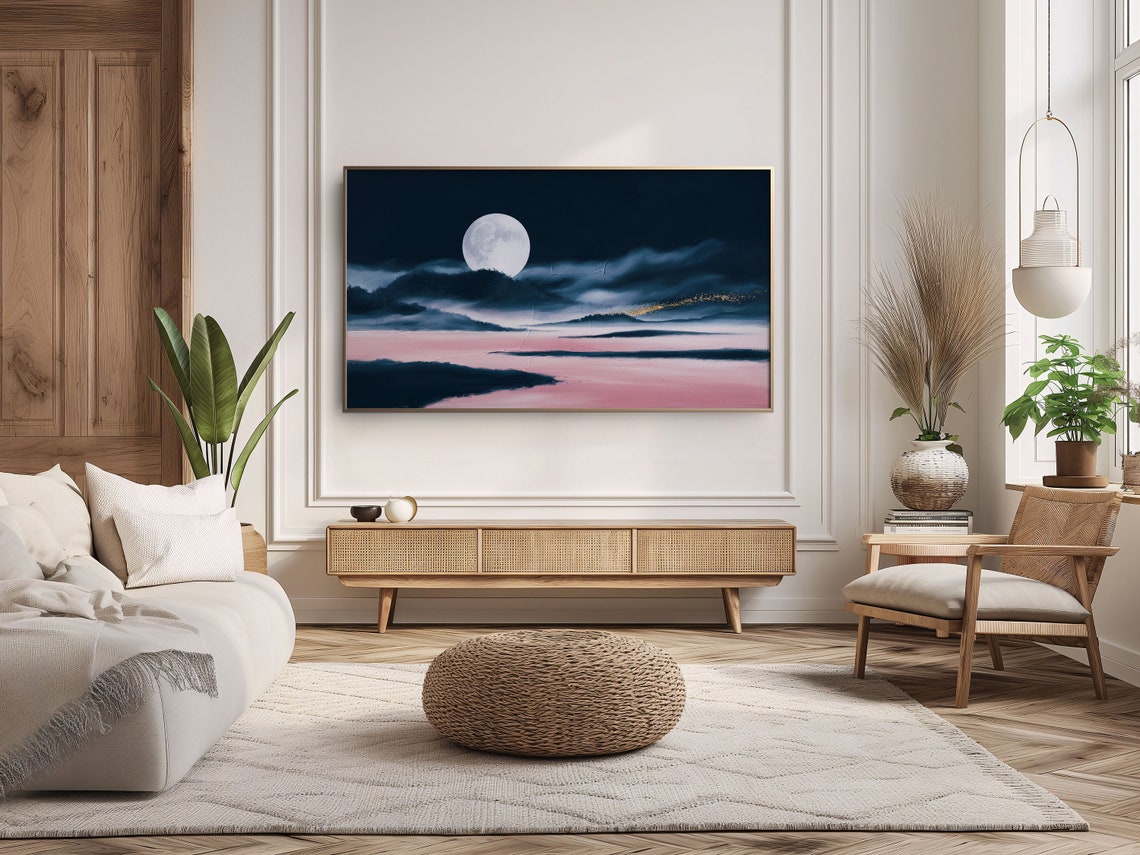 Full Moon Pink Clouds Dark Navy Sea Abstract Modern Coastal Art Poster - Image 3