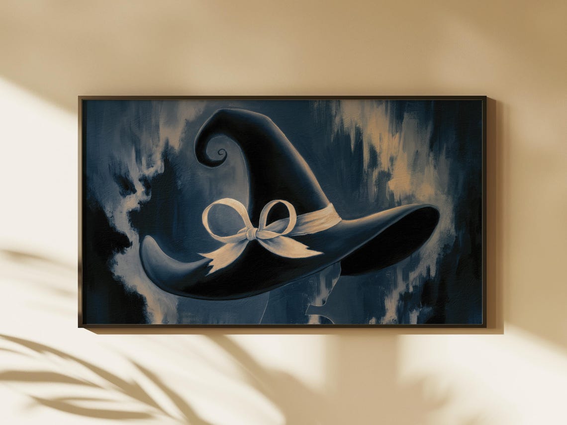 Black Witch Hat Cream Bow Dark Moody Navy Halloween Witchy Art Poster - Image 2