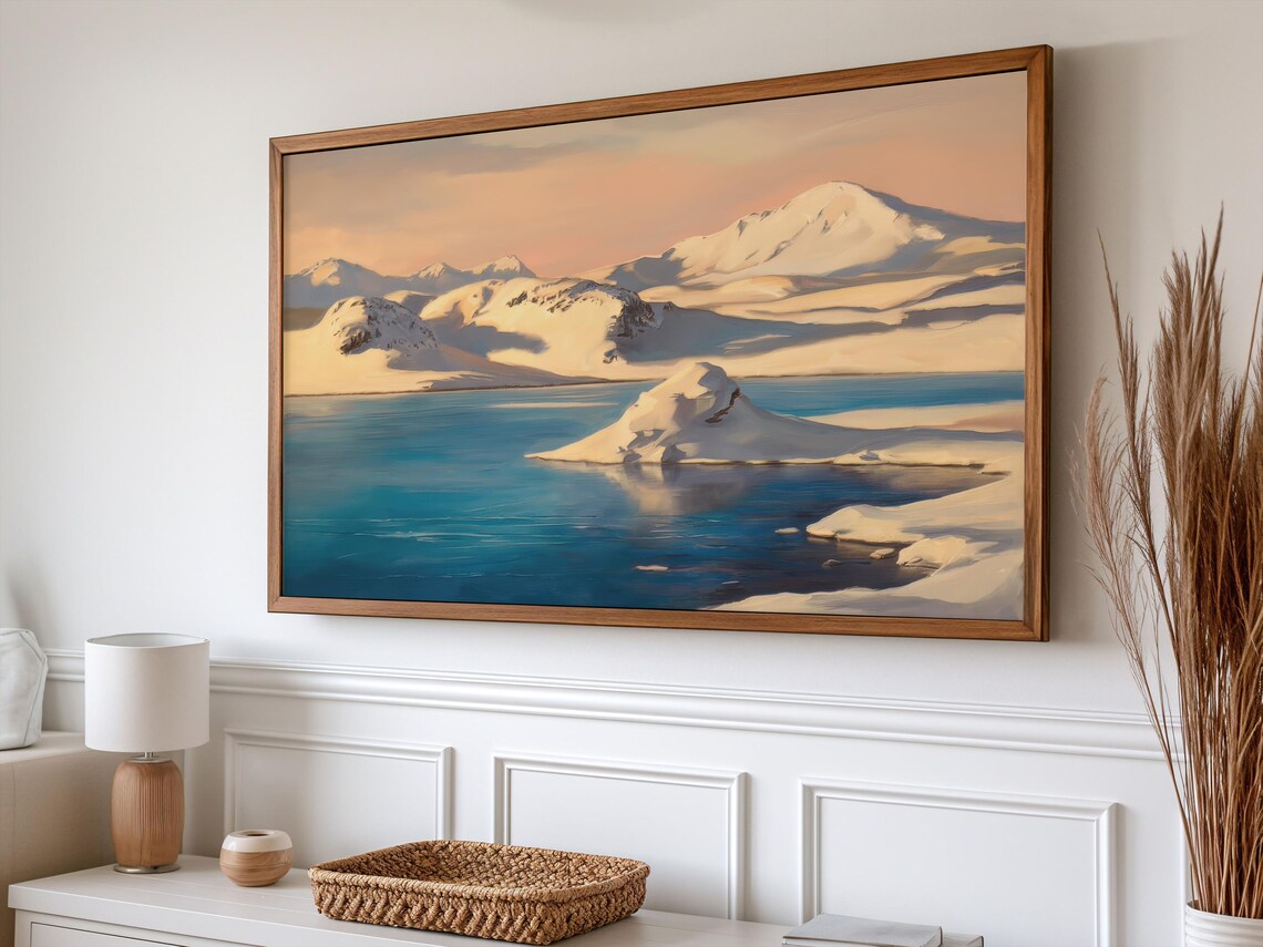 Serene Snowy Mountain Lake Pastel Winter Landscape Farmhouse Wall Art