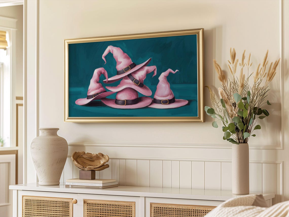 Pink Witch Hats Teal Background Halloween Witchy Painting Art Poster - Image 2