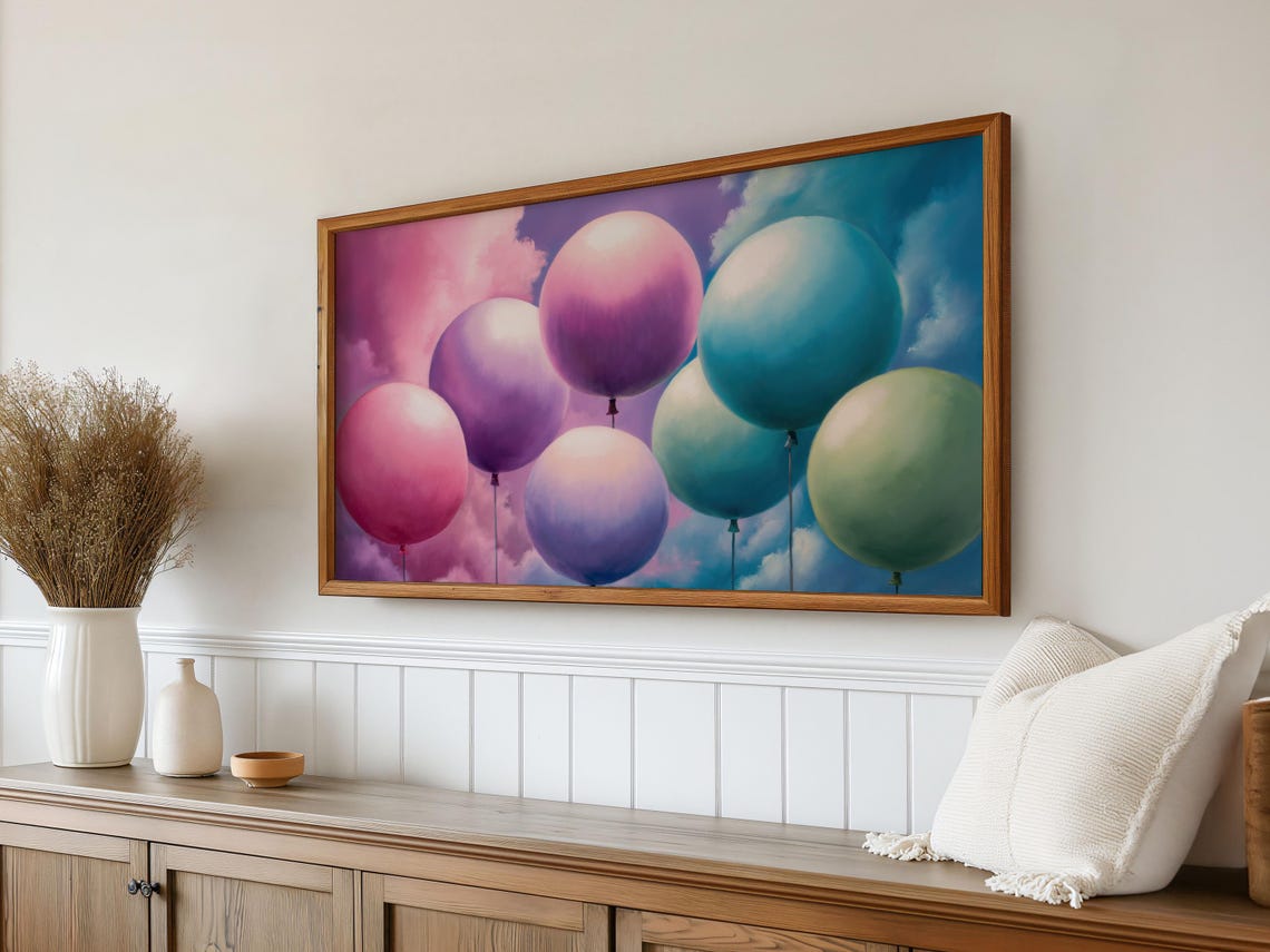 Frame Tv Art Birthday Party Decor Pastel Balloons Painting Baby Shower Frame Art Tv Bday Tv Picture Whimsical Pop Art Tv Screen - Image 3