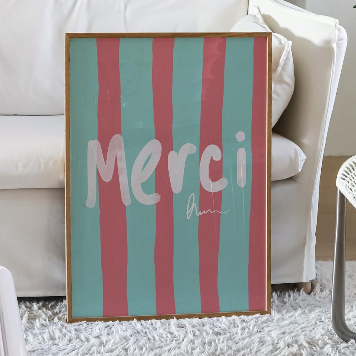 Merci Striped French Typography Pink Teal Chic Modern Art Poster