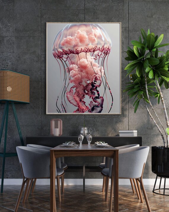 Pink Jellyfish Wall Art Abstract Ocean Print Modern Underwater Sea Life Poster Coastal Decor