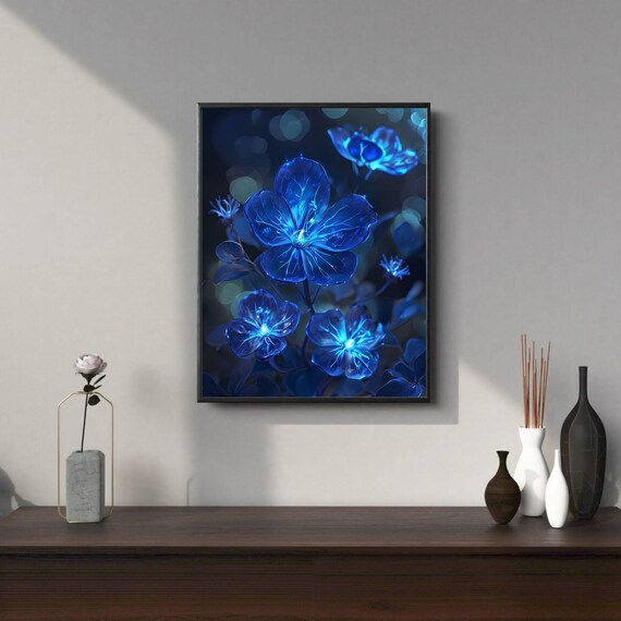 Blue Glowing Flower Wall Art Magical Botanical Fantasy Floral Hayalmeyal Workshop