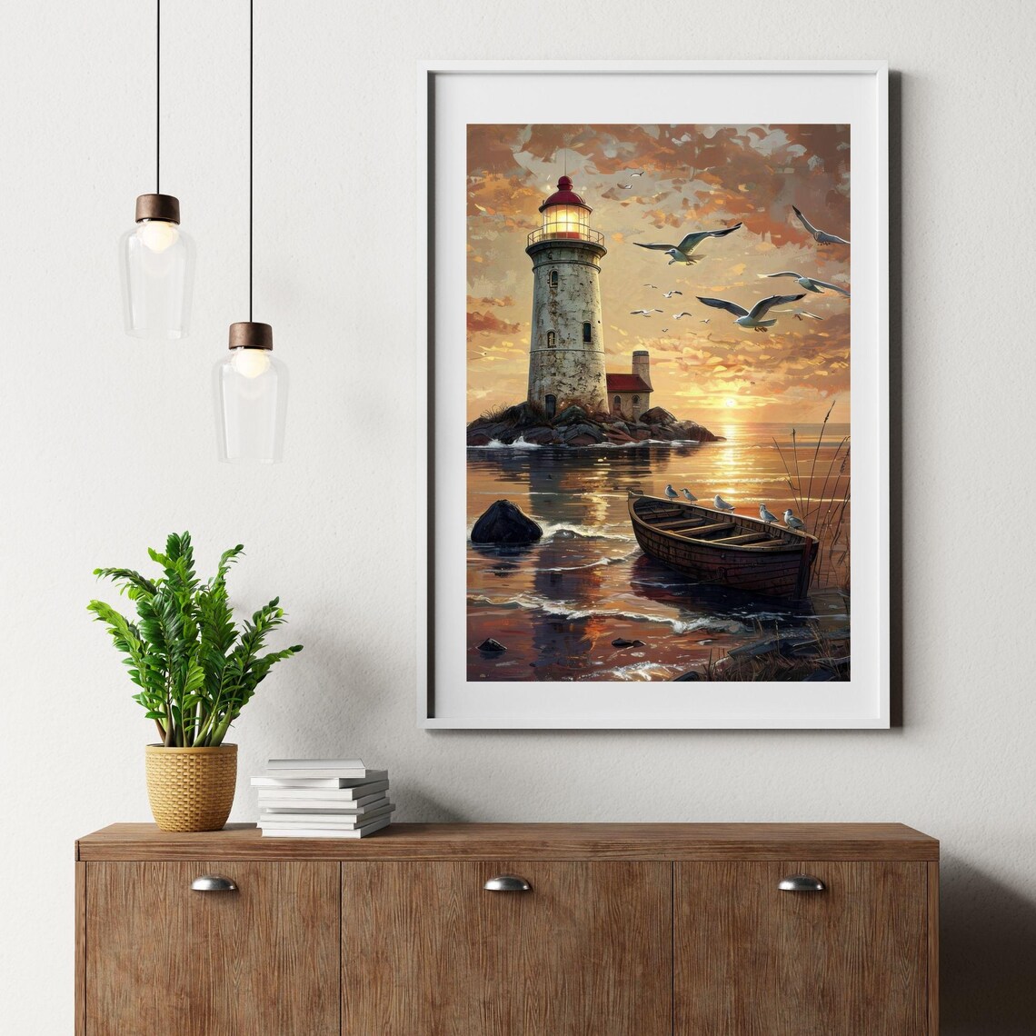 Sunset Lighthouse With Seagulls And Wooden Boat Coastal Poster