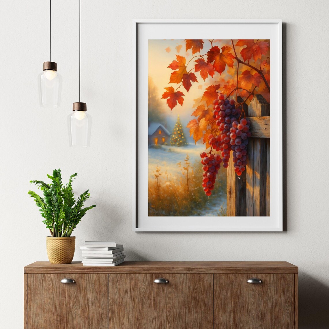 Autumn Vineyard Grapes On Fence With Snowy Christmas Cabin Print