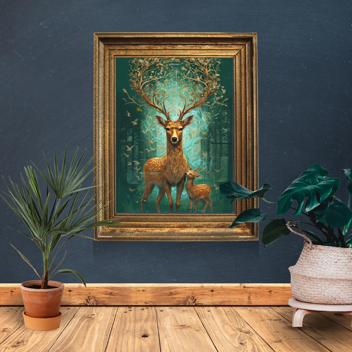 Majestic Golden Antlered Stag Fantasy Forest Wildlife Art Poster