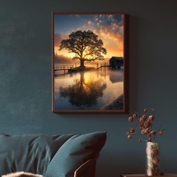 Majestic Oak Tree At Sunset Wall Art Rustic Lake Scene
