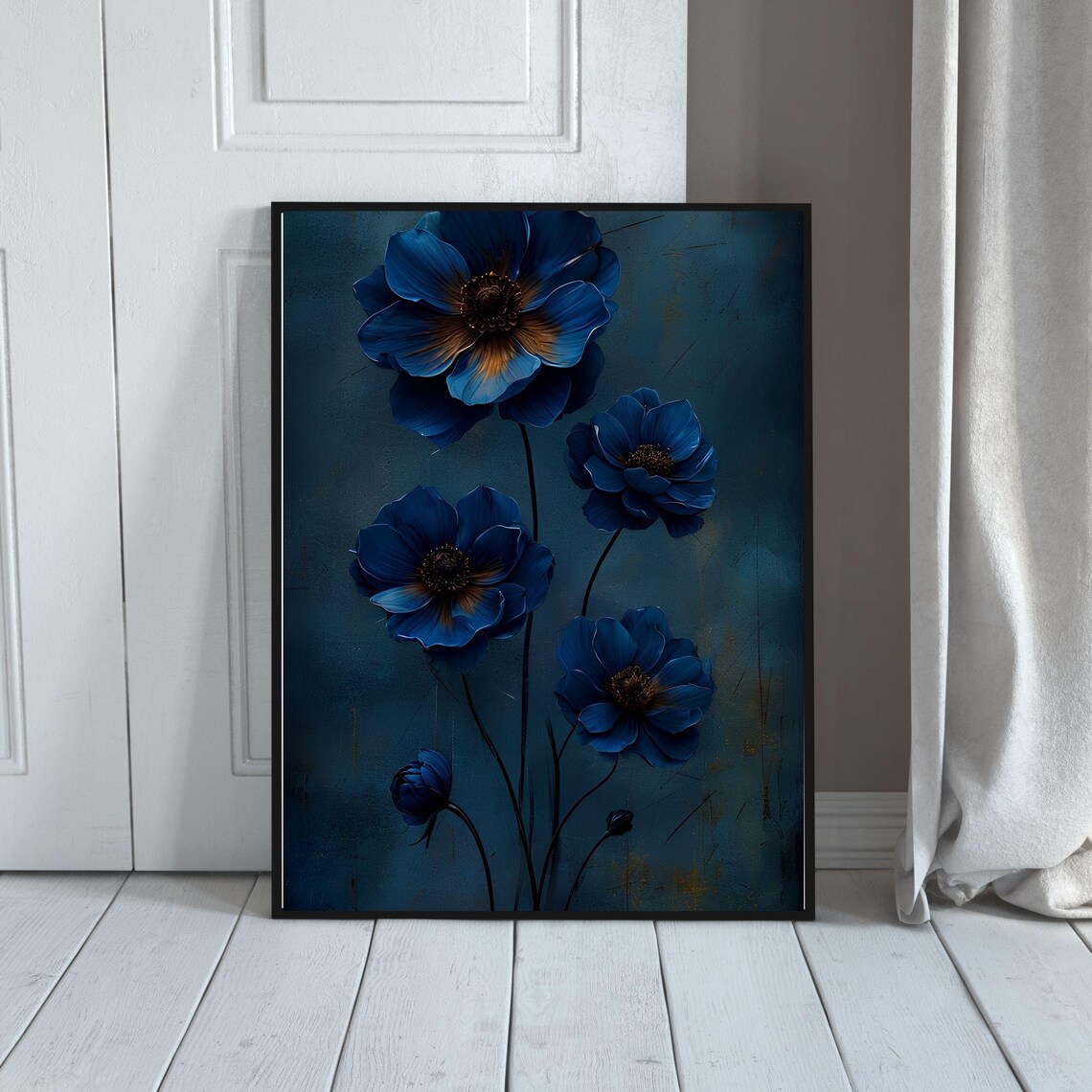 Midnight Blue Floral Art Print Elegant Botanical Painting