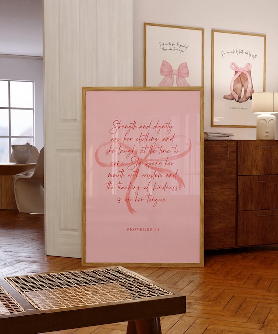 Proverbs 31 Strength And Dignity Scripture Pink Bow Gallery Wall Art
