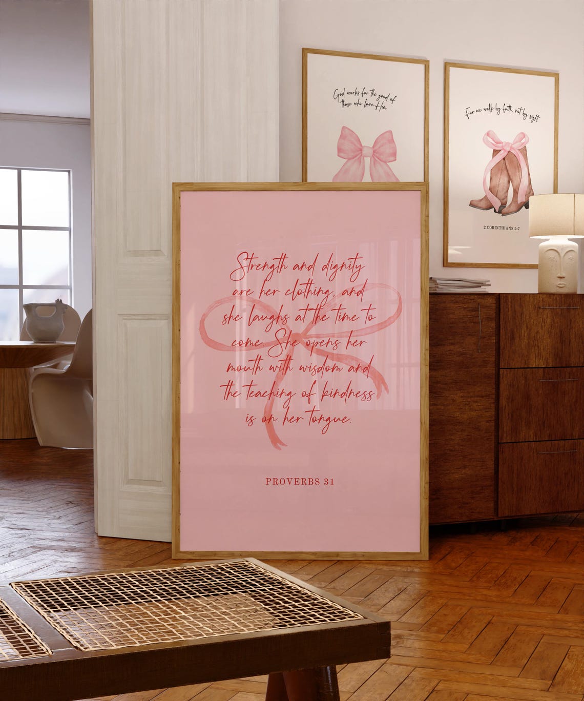 Proverbs 31 Strength And Dignity Scripture Pink Bow Gallery Wall Art