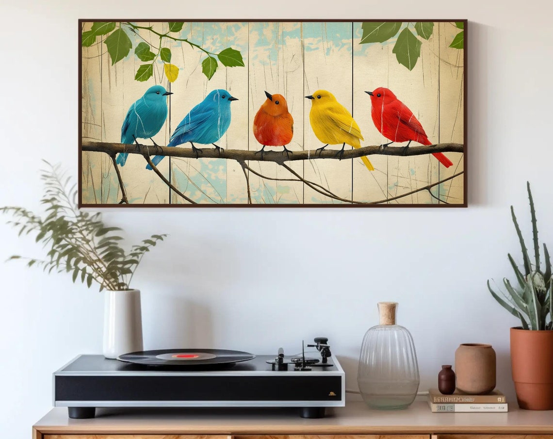 Five Colorful Birds On Branch Rustic Wood Background Art Poster