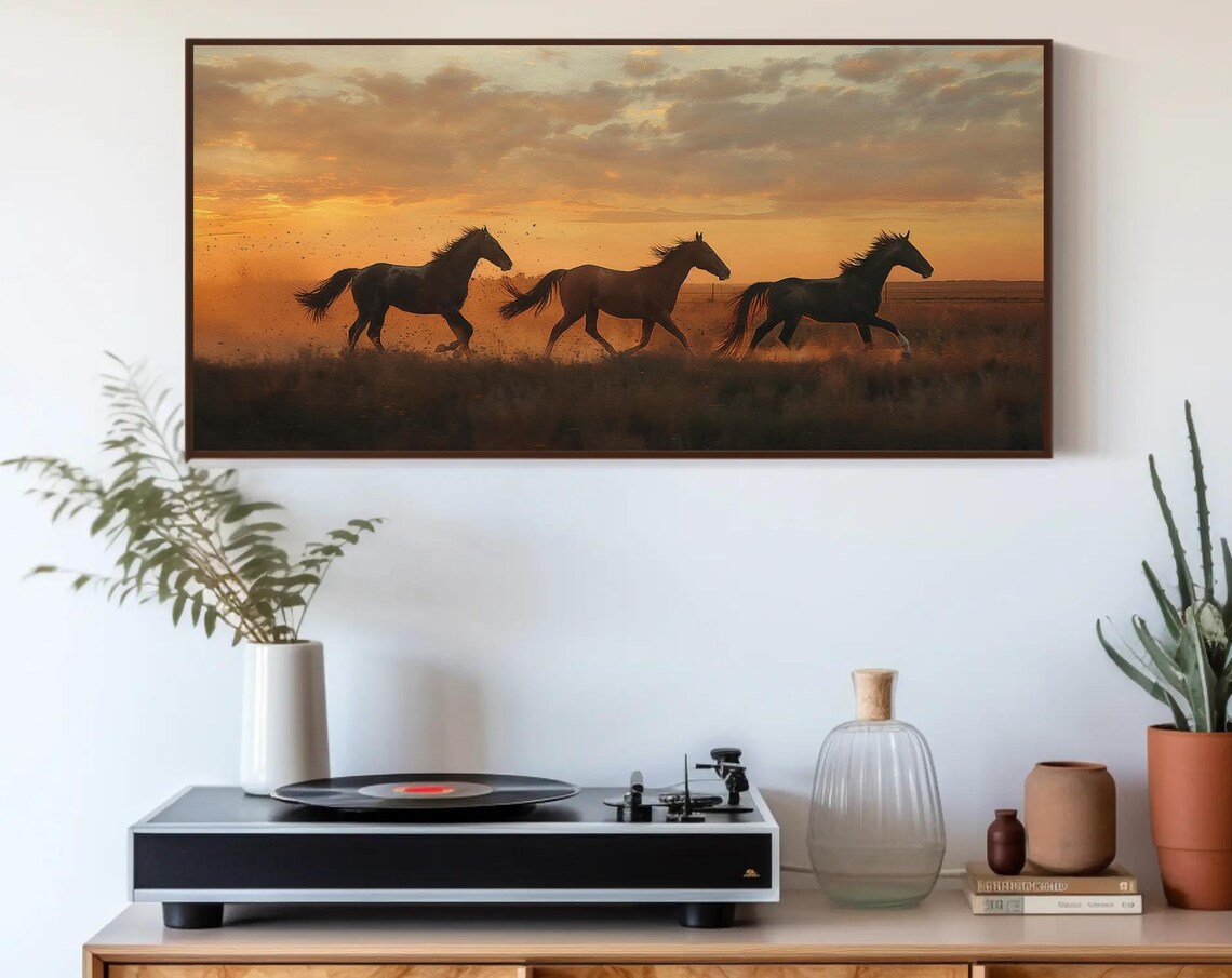Galloping Horses Silhouette At Sunset Prairie Dust Art Poster