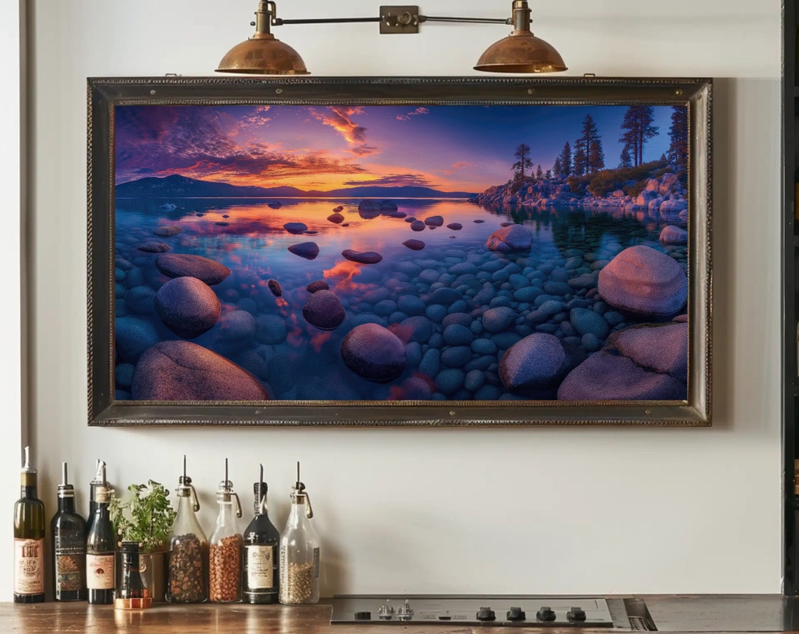 Sunset Lake with Rocky Shore Purple Sky Water Reflection View Poster