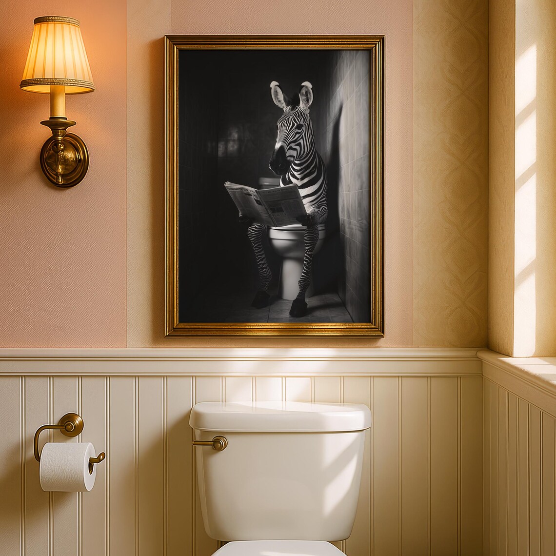 Funny Zebra Newspaper Restroom Art Print