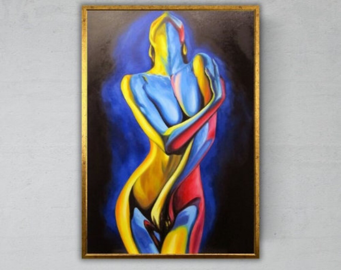 Colorful Abstract Nude Female Figure Blue Yellow Red Expressive Art Print