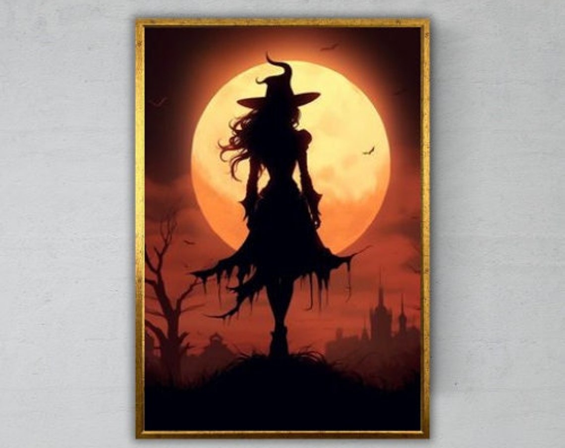 Witch Silhouette Against Giant Harvest Moon Spooky Halloween Art Print