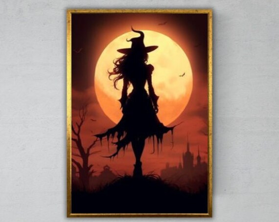 Witch Silhouette Against Giant Harvest Moon Spooky Halloween Art Print
