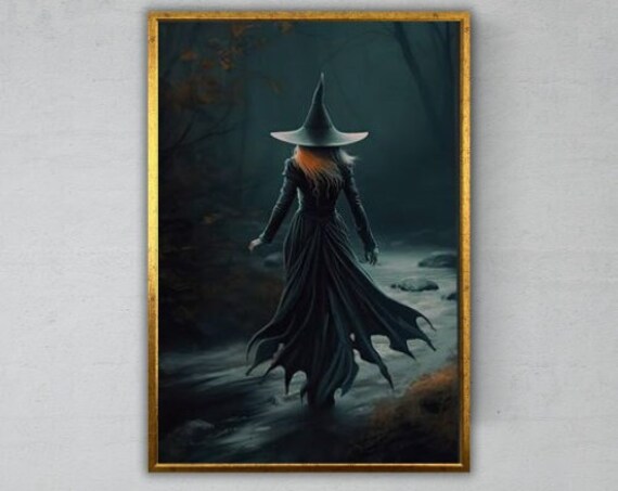 Dark Witch Walking Through Misty Forest Gothic Dark Fantasy Art Print