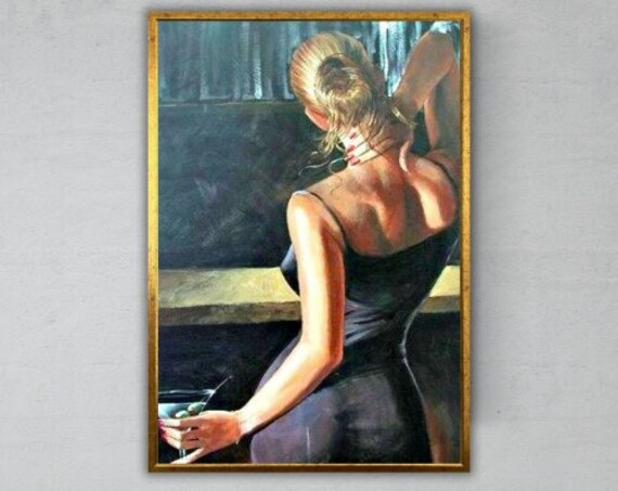 Glamorous Woman In Black Dress At A Cocktail Bar Noir Art Painting Print