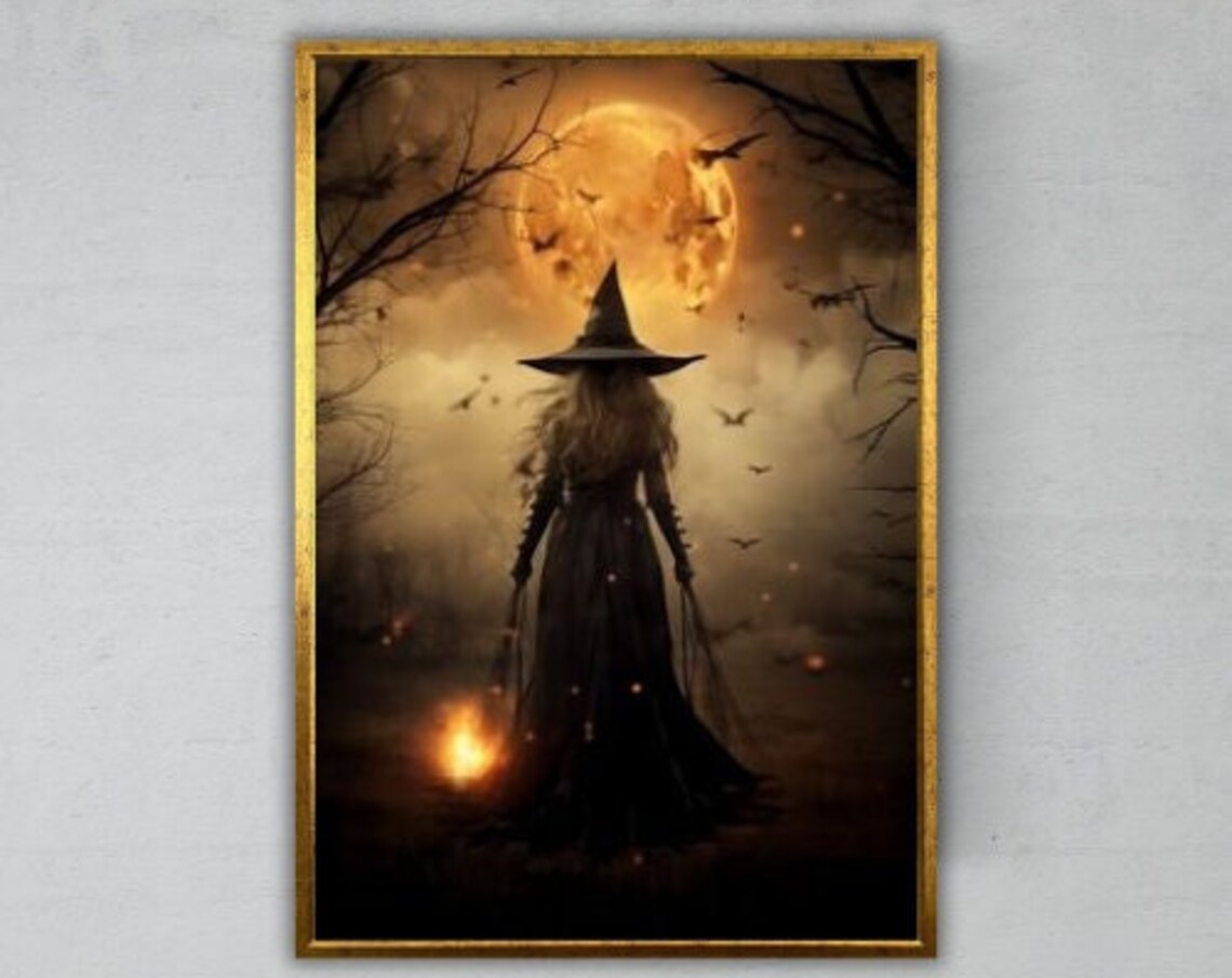 Lonely Witch Under Golden Moonlit Sky Bats Haunted Night Halloween Art Print