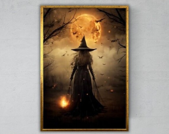 Lonely Witch Under Golden Moonlit Sky Bats Haunted Night Halloween Art Print